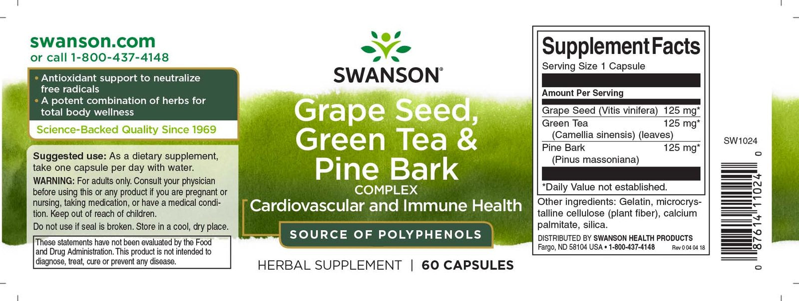 Swanson Grapeseed, Green Tea & Pine Bark 60caps etikete