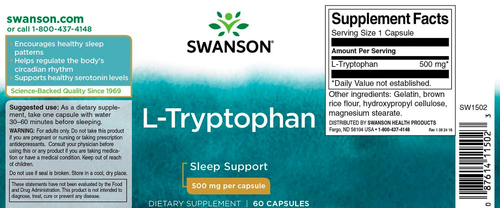 Swanson L-Tryptophan 500mg 60 capsules etikete
