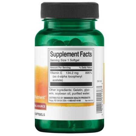 Swanson Natural Vitamin E 200IU 100 softgels kaina akcija pigu sudetis