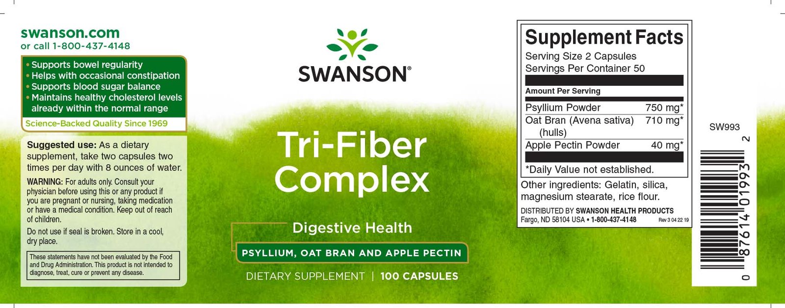 Swanson Tri-Fiber Complex Digestive Health 100 Caps etikete