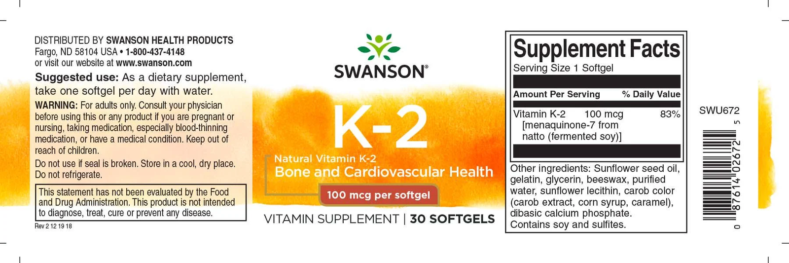 Swanson Vitamin K2 100mcg 30 softgels etikete