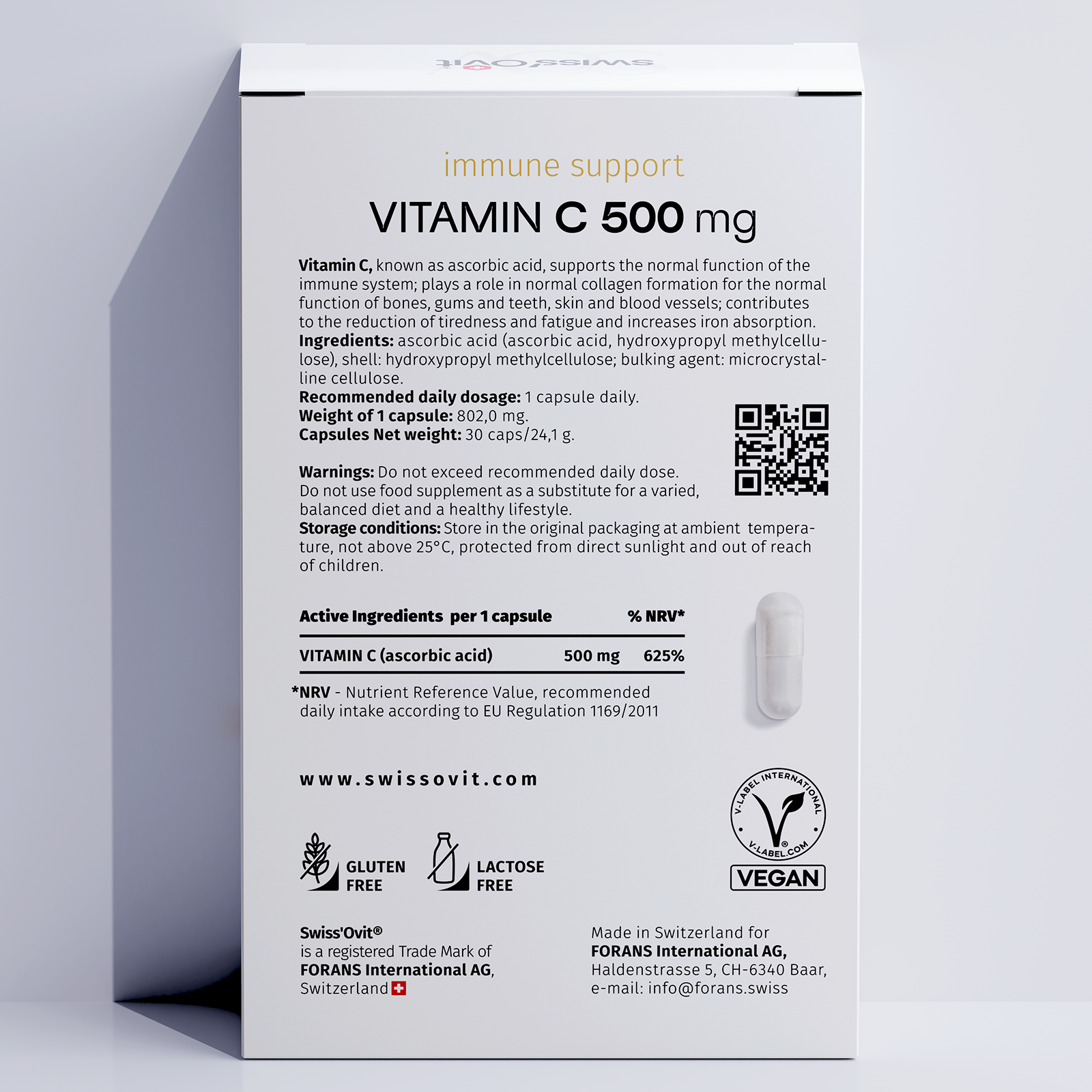 Swiss'Ovit® Vitaminas C 500mg 30 kapsulių sudetis