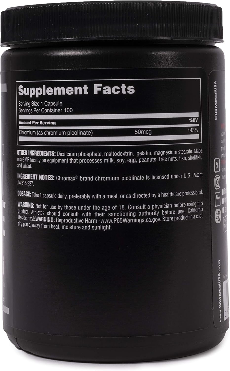 Universal Nutrition Chromium Picolinate, 100 kapsulių sudetis