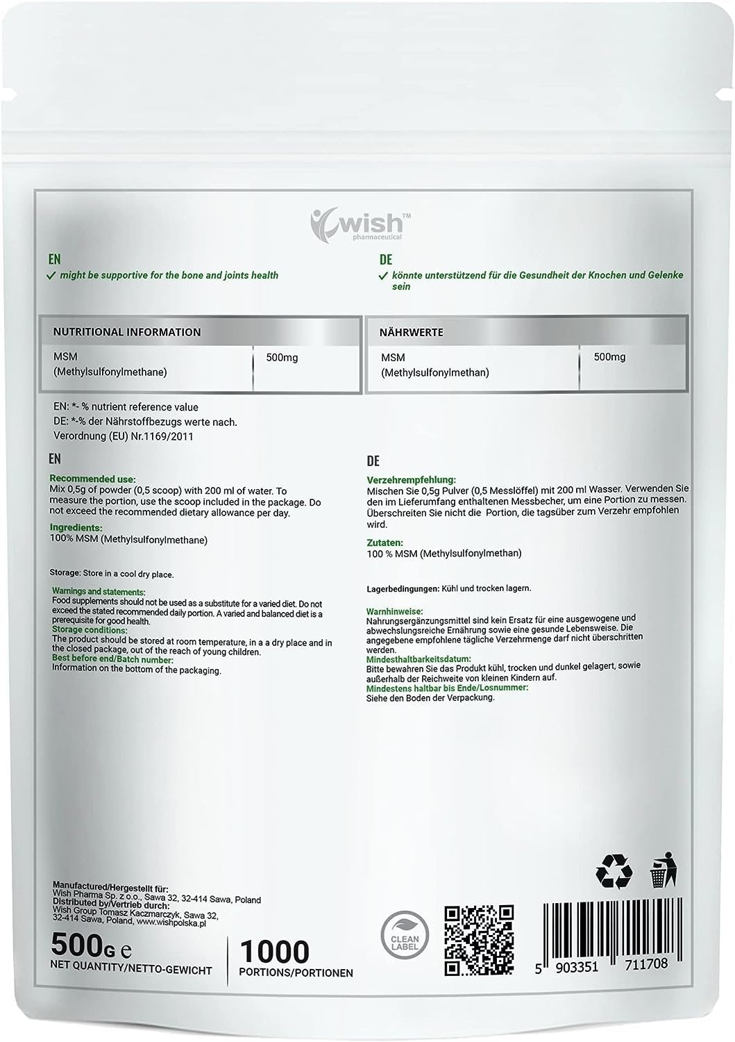 WISH PHARMACEUTICAL MSM 500g kaina sudetis