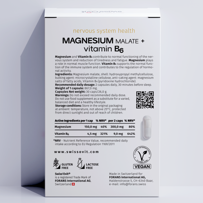 SwissOvit Magnesium Malate + Vitamin B6 30 caps - Image 4
