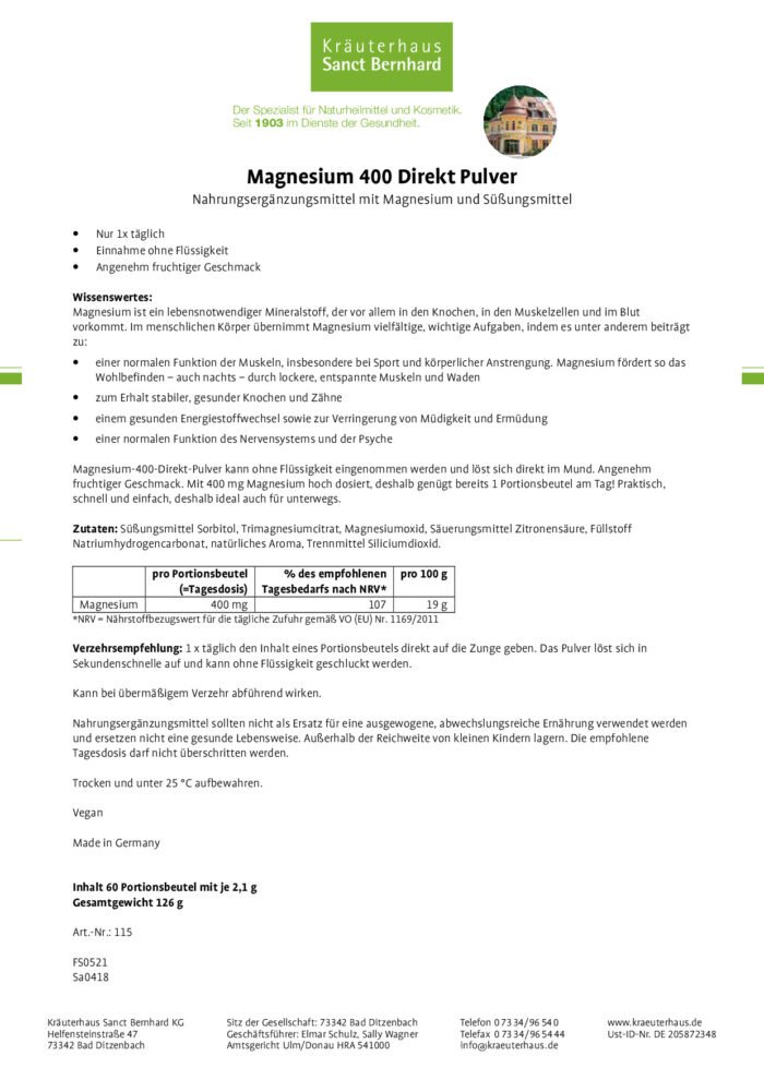 KRÄUTERHAUS SANCT BERNHARD Magnesium 400 Direkt (60 x 2,1g) sachets - Image 4